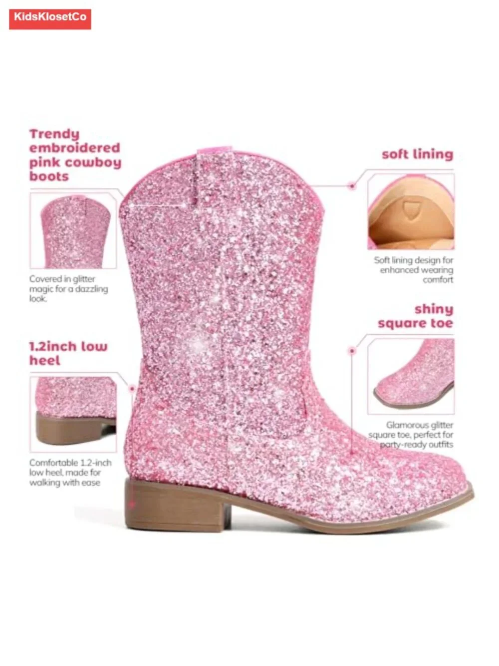 Girls Cowgirl Boots Glitter Square Toe Mid Calf Pull On Cowboy Boots